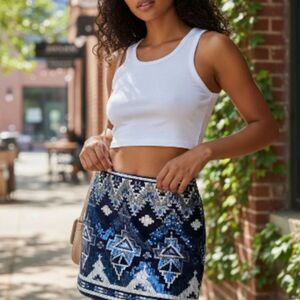 Express Women’s Blue Sequin Mini Skirt – Geometric Aztec Pattern